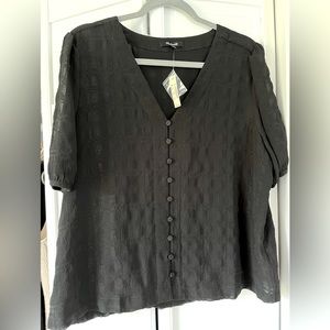 Textured Puff-Sleeve Button-Front Top